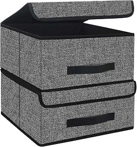Onlyeasy Foldable Storage Bins Cubes Boxes with Lid - Storage Box Cube Cubby Basket Closet Organizer Pack of Two with Leather Handles for Closet Bedroom, 13"x13", Black, 8MXALB2P