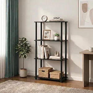 Furinno Turn-N-Tube Storage Shelves, 4-Tier Book Shelf, Corner Shelf, Toolless Open Shelves, for Organization and Storage, Living Room, Bedroom, Entryway, Laundry, Black Espresso