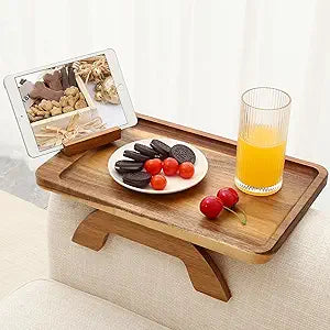 SINWANT Couch Arm Tray,15.35x9.84 in Sofa Clip on Arm Table,Acacia Wood