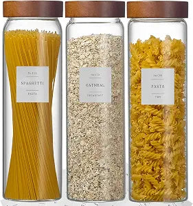 3 Pack Glass Pasta Storage Containers with Screw Wood Lid 70oz + 132 Labels