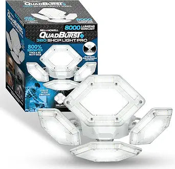 QUADBURST SHOPLIGHT PRO 360 LED - 8000 Lumens, 60 Watts - Bright Garage Light, Adjustable Panels Ceiling Fixture, Energy Saving LED Lighting for Workshop, Basement & Home improvement - As Seen on TV