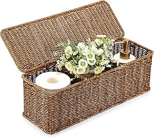Sumnacon Wicker Storage Basket with Lid, Rectangle Bathroom Narrow Baskets