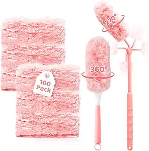 360 Dusters Refills for Cleaning - 100 Count Disposable Feather Duster Kit with 2 Handles, Multi-Surface Microfiber Feather Dusting Cleaner for Furniture Blinds Windows Ceiling Fans (Pink)