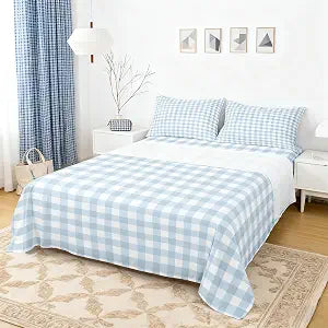 Castle Fairy Geometric Grid Bed Sheets Set Queen Size Boho Gingham Checkered Sheets Bedroom Decor Plaid Square Lines Bedding for Kids Teens Soft Blue Bed Sheet Set 4pcs(Fitted + Flat + 2 Pillowcases)