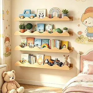 Costzon 4 Pcs Kids Floating Bookshelves, 24" Wall-Mounted Kids Bookshelf w/Fir Wood Structure, Cute Wall Book Shelves for Kids Room, Playroom, Nursery & Living Room