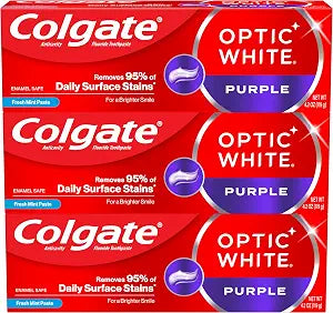 Colgate Optic White Purple Toothpaste for Whitening, Enamel-Safe Mint, 3 Pack, 4.2 oz