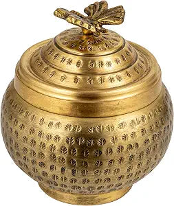 Creative Co-Op Round Hammered Metal Container with Butterfly Finial, Brass Finish