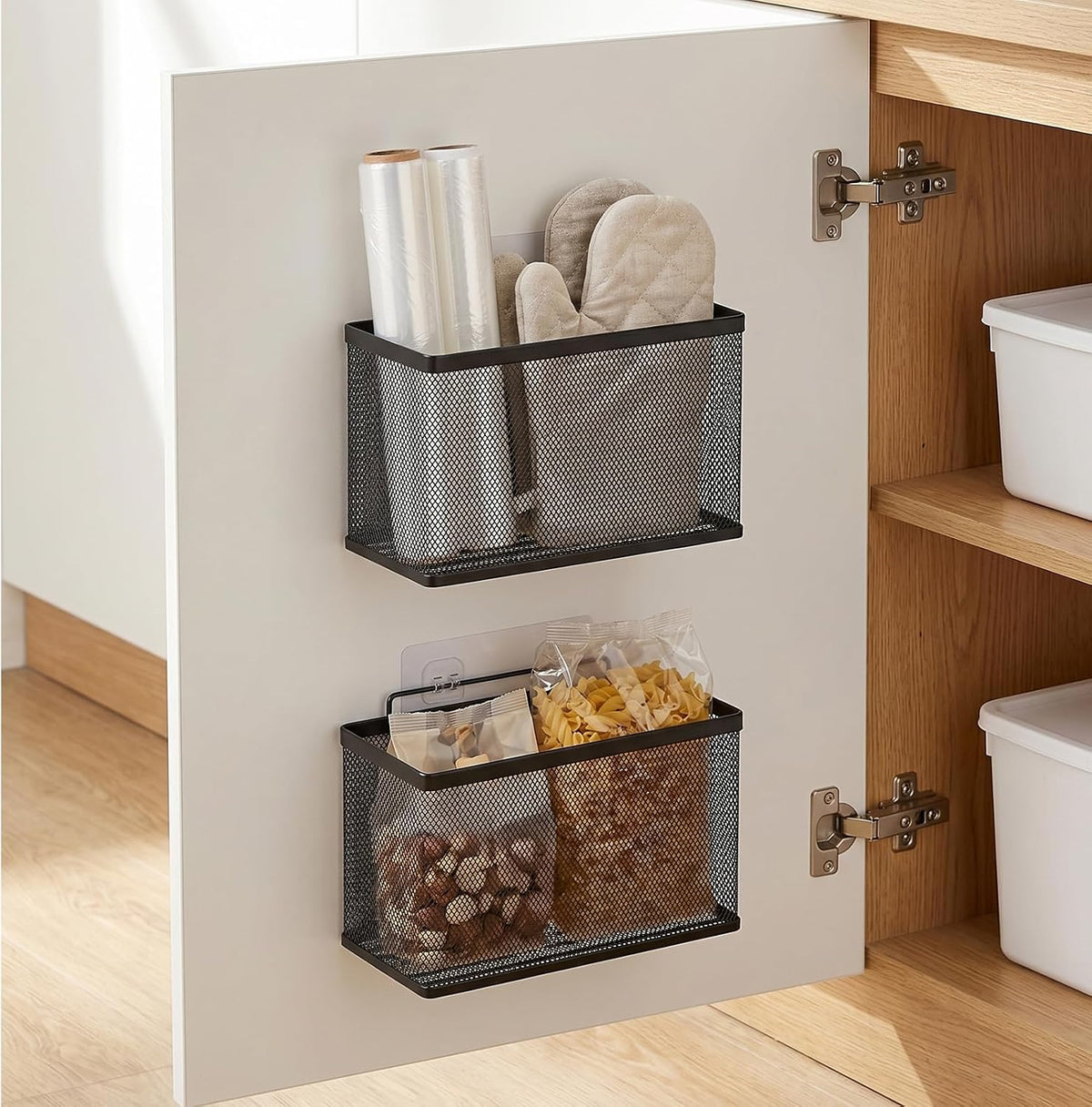 Adhesive Cabinet Door Organizer, 2 Pack Metal Baskets for Kitchen