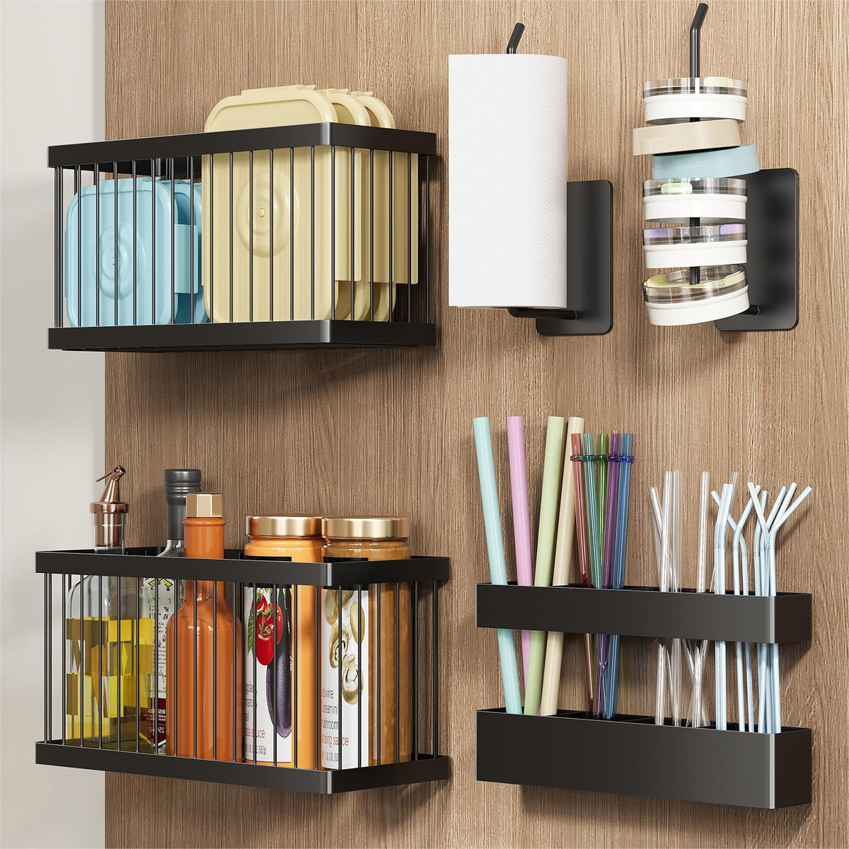 Nieifi Adhesive Cabinet Door Organizer, 5 Pack, Black