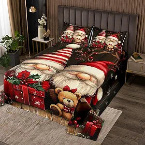 Christmas Gnome Bedspread Set Queen Size for Kids,Boys Girls Christmas Decorations Quilt Set Red Brown Bedspread Coverlet Xmas Theme Bedspread 3 Piece Decorative Bedding Quilted with 2 Pillow Shams