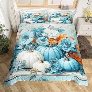 Erosebridal Fall Floral Queen Duvet Cover,Autumn Pumpkin Bedding Set for Kids Adults,Rustic Farmhouse Flower Bed Set,Thanksgiving Harvest Themed Quilt Cover 3Pcs Bedroom Decor (No Comforter)
