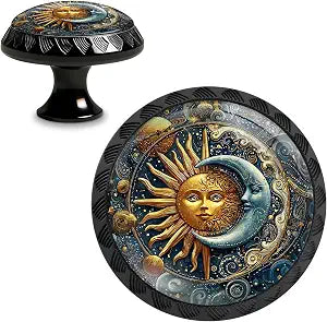Yiruhe 4 Pack Sun and Moon in Cosmic Funny Kitchen Cabinet Knobs Crystal Glass Round Drawer Pulls for Dresser Cupboard Door Handles