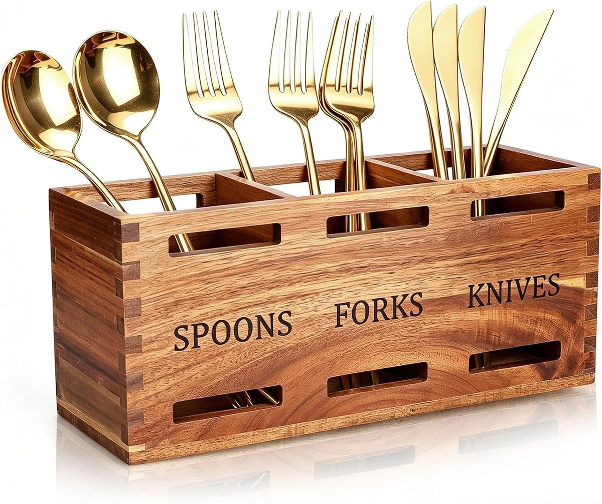 Acacia Wood Silverware Caddy Flatware Cutlery Holder Silverware Organizer