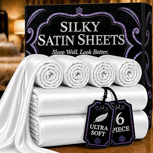 DECOLURE Satin Bed Sheets - 6 Piece Luxury Silky King Size Bedding Set - Softer Than Silk, Wrinkle-Free with 15��� Deep Pocket Fitted Sheet, Perfect for Hair & Skin, Gifts for Women (White)