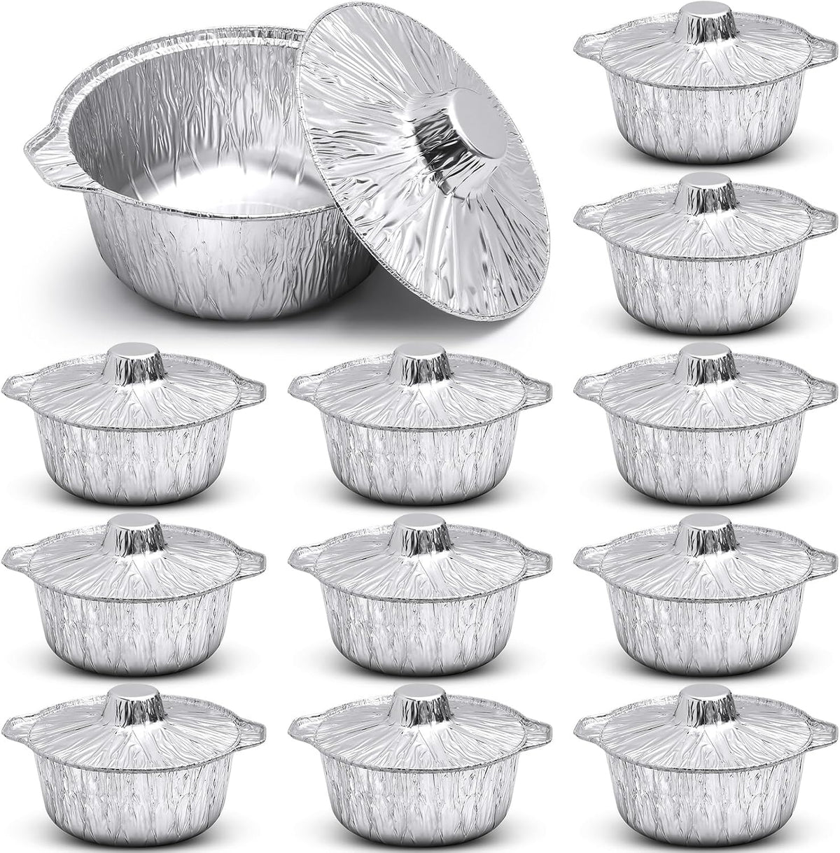 Ziliny 12 Pcs Disposable Aluminum Pot with Lid Round Foil Pans Disposable Cookware Food Container for Vacation Trips Camping Baking Heating Cooking (121.7 oz)
