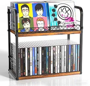 2-Tier CD Holder, CD Storage Rack with Display Shelf, Holds Up to 60 CDs Standard, CD Storage Rack for DVD Storage, Books and Other Media Items, Retro DVD/ CD Organizer Tower for Music Enthusiasts