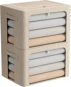 FHSQX 2 Pack Clothes Storage Bins with Metal Frame, Beige, 15.7x11.8x11.7 Inch