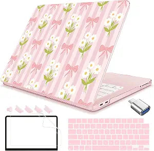 Teryeefi 5-in-1 Case for MacBook Neo 13 inch 2026 Release Model A3404, Laptop Hard Shell Cases with Keyboard Skin & Screen Protector & Type C Adapter, Bows Flowers