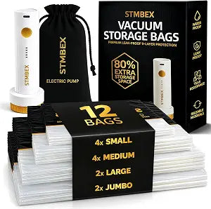 12 Pack Vacuum Storage Bags with Electric Pump for Travel, Clothing & Home