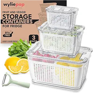 Premium Fruit Storage Containers for Fridge with Veggie Peeler  3-in-1 Produce Containers for Fridge with Strainer & Removable Colander  Large, Clear Fruit and Vegetable Storage Organizer (Set of 3)