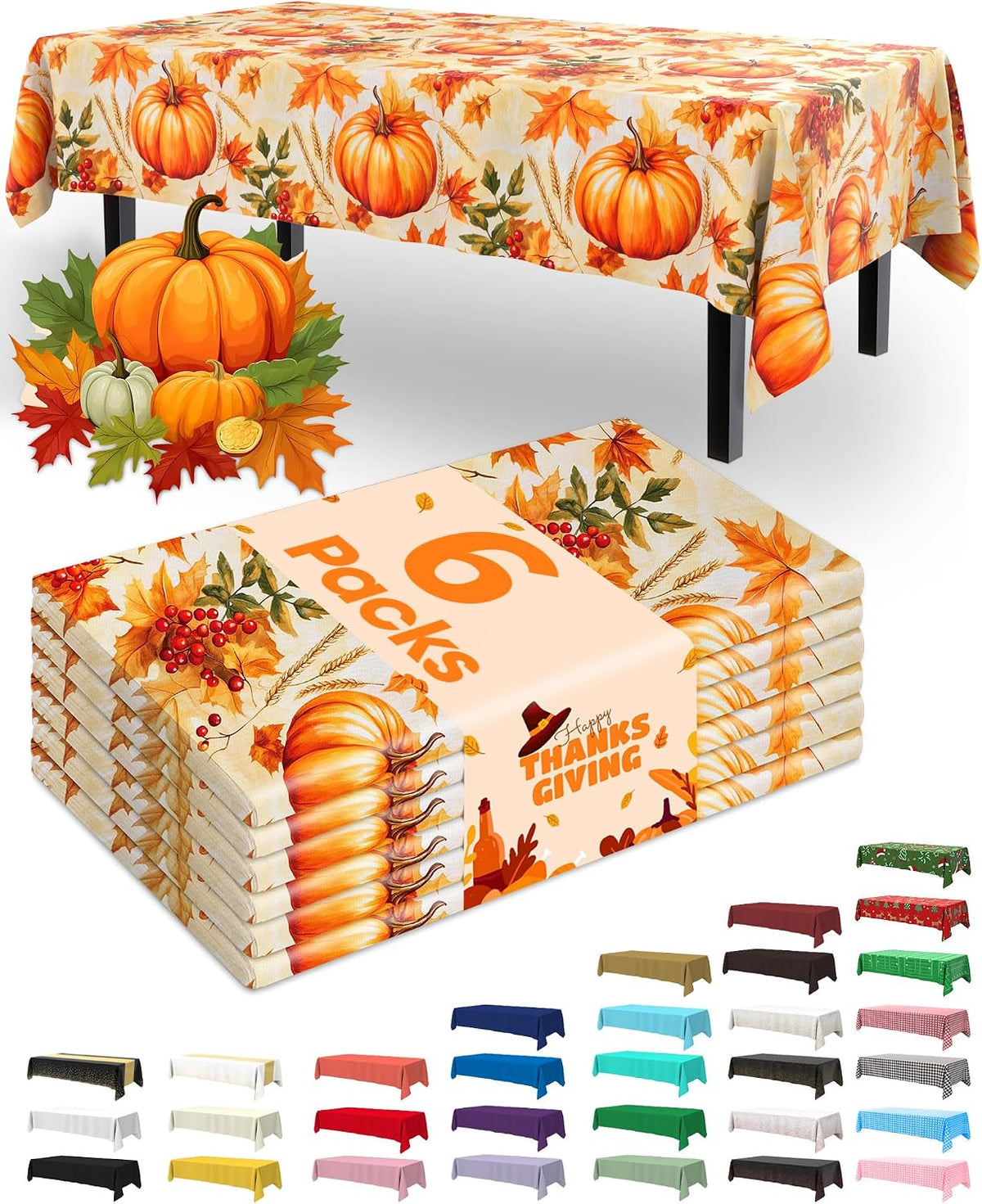 Pureegg Thanksgiving Tablecloths 6 Pack, 54 x 108 Inch, Pumpkin Harvest