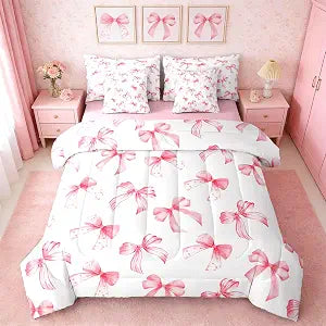Feelyou Pink Bow Bed Set for Kids Boys Girls Twin Size Cute Dreamy Princess