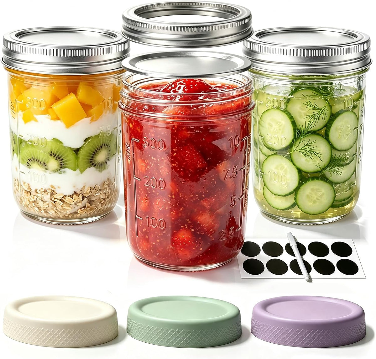 16 oz Wide Mouth Mason Jars with Lids, 3-Pack Overnight Oats Containers