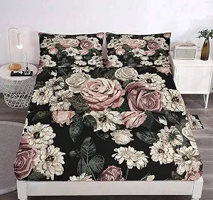LUVIVIHOME 4PCS Vintage Floral Sheets Set, King Bed Sheet, Black Sheets, Boho Rustic Rose White Dahlia Plant Botanical Moody Gothic Flower Bedding Set, 1 Fitted Sheet & 1 Flat Sheet with 2 Pillowcases
