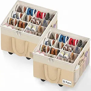 2 Pack Large Shoe Organizer for Closet, 32 Pairs Shoe Storage Box Beige