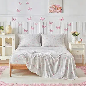 Joyreap Bed Sheet Set Queen Size- Butterflies Pink Design, 4 Piece Ultra Soft Brushed Microfiber Bedding Sheets - Includes 1 Flat Sheet, 1 Fitted Sheet, 2 Pillowcase