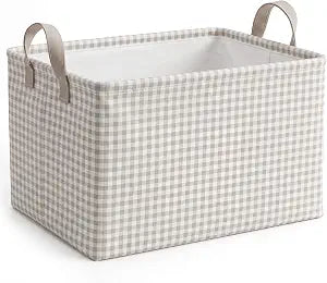 Hushee Khaki Gingham Basket Checkered Storage Collapsible Bin with Handles
