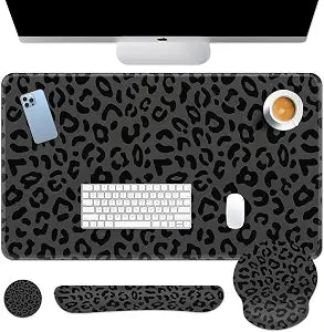 Britimes Keyboard Mouse Pad Set, 4 in 1 Desk Mat Set, Grey Leopard Cheetah