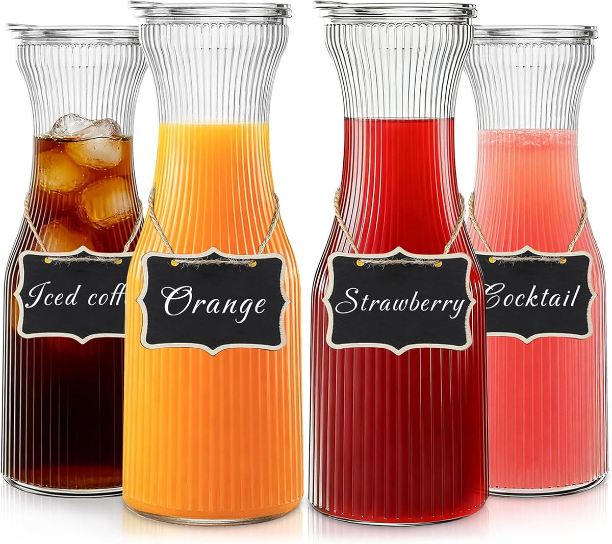INSETLAN 1 Liter Ribbed Glass Carafe with Lids, Set of 4 Juice Containers