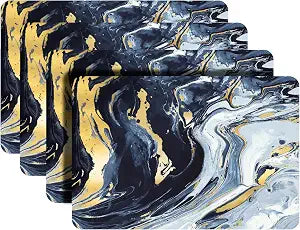 Dainty Home Navy Gold Agate Marble Rectangle Cork Placemats - Heat Resistant Placemats, Non-Slip, Easy Clean Placemats for Elegant Dining - 12"x18" Set of 4 - Perfect for Stylish, Modern Homes