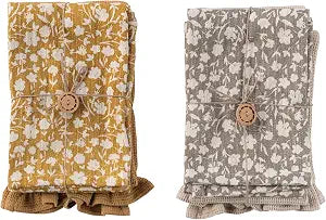 Cotton Decorative Tea Towel with Beautiful Flower Prints and Jute Rope for Dining and Kitchen, Yellow and Grey, Set of 2