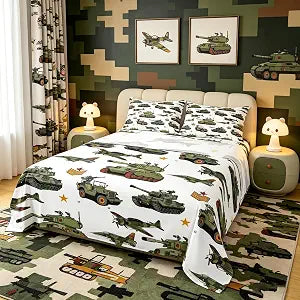 Manfei War Theme Sheet Set Twin Size, Aircraft Tanks Bedding Set for Kids Boy Room Decor, Retro Army Green Airplane Tanks Bed Sheet Set 3pcs with Deep Pocket Fitted Sheet + Flat Sheet + 1 Pillowcase