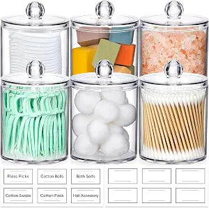 6 Pack Acrylic Qtip Holder Dispenser for Cotton Swabs, Balls, Floss Picks