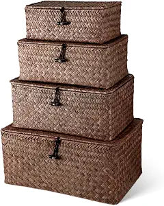 Woanger 4 Pcs Wicker Basket with Lids, Coffee, 13 x 9 x 6 Inch