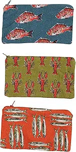 Creative Co-Op Cotton Zip Food Pouch with Sea Life Illustrations, Set of 3 Styles, Multicolor