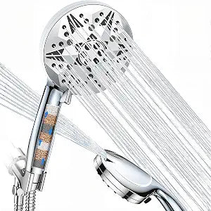 Filtered High Pressure Handheld Shower Head  10 Spray Modes with Rain & Massage, Built-in Filter for Cleaner Water, Anti-Clog Nozzles, Power Rinse for Tile & Pets, Chrome Finish