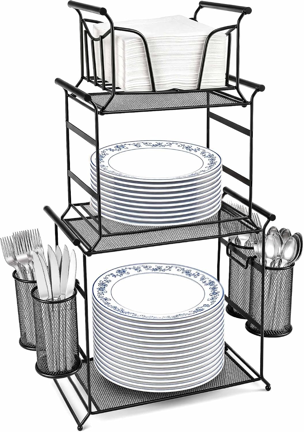 FANGSUN 3-Tier Buffet Caddy, 7-Piece Paper Plate & Utensil Holder for Party