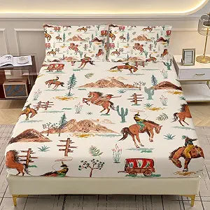 AILONEN Western Cowboy Fitted Sheet Set for Boys,Girls,3Pcs American Wild West Desert Hand Drawn Illustration Bedding Set Twin Size, Retro Farmhouse Style Bed Sheet Set,1 Sheet Set + 2 Pillowcase