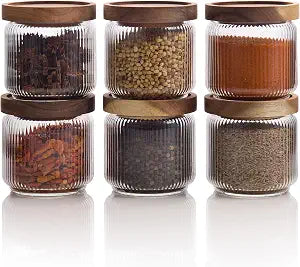 Mason & Fable 12 fl oz, 350ml Glass Food Storage Jars with Wood Lids (6pcs) - Stylish Ribbed Pattern for Kitchen Organization and Storage Containers for Spice, Tea, Coffee/Sugar