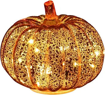 Romingo Mercury Glass Pumpkin Light with Timer for Halloween Pumpkin Decorations Fall and Thanksgiving Christmas Decor,Gold, 5.5 inches