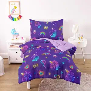 Wake In Cloud - Toddler Bedding Set for Girls, Neon Unicorn Rainbow Strawberry, 4 Pieces Soft Crib Bed Set Including Comforter, Sheets and Pillowcase, Dark Purple