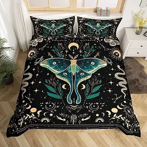 Erosebridal Teal Moth Duvet Cover Queen Gold Moon Phases Bedding Set Boho Florals Comforter Cover for Kids Girls Boys Adults Mystical Starry Galaxy Aesthetic Bed Set