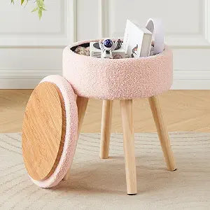 Storage Ottoman Foot Stool Teddy Velvet Round Vanity Stool Tray Top Footstool with Wood Legs Upholstered Foot Rest Ottoman for Living Room, Bathroom, Makeup (Pink)