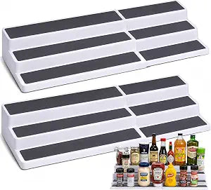 Oizeir Plastic 3-Tier Expandable Spice Rack, Adjustable Length, Stability with Non-Skid Shelf, For Easy Visibility, Organizer for Kitchen Cabinet, Pantry or Countertop, (2-Pack), White/Grey
