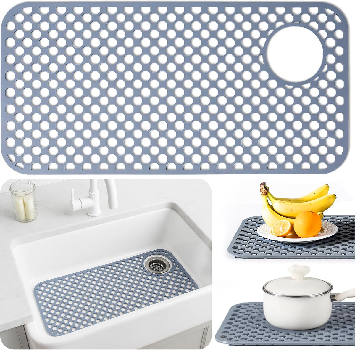 Heavy Duty Silicone Sink Protector Mat for Kitchen Sink 28.4 x14.3 - Fits Offset Drains (Top Right or Bottom Left) Non-Slip, Heat Resistant mat, Dishwasher Safe - Farmhouse, Stainless, Porcelain
