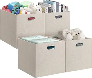 Posprica 13x15x13in Collapsible Storage Bins, Fabric Foldable Cube Storage Boxes, Decorative Storage Baskets Organizer for IKEA Kallax, Shelves, Closet, Clothes, Set of 4-Beige